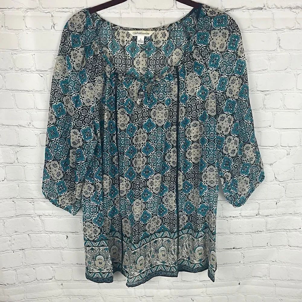Croft & Barrow Navy, Aqua, Tan Patterned Sheer Blouse Size Large